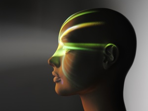 A model of a head with light showing the contours