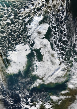 A satellite image of the UK covered in snow