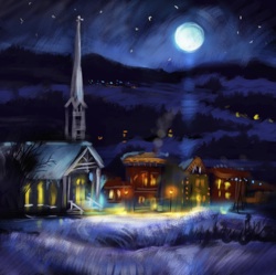 a painting of a small village at night