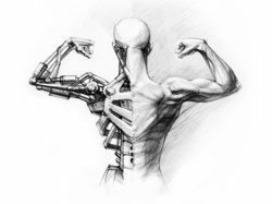 a sketch of a man flexing his muscles, divided so we can see that underneath his skin he's a robot