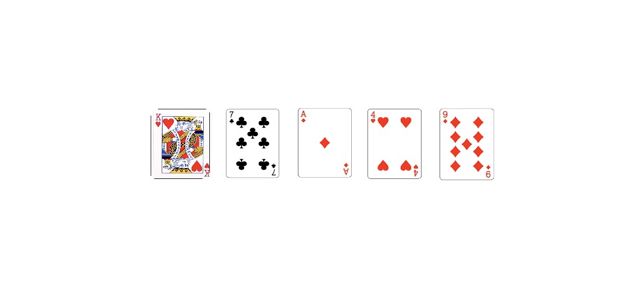 Pick a card from: king of hearts, seven of clubs, ace of diamonds, four of hearts and nine of diamonds