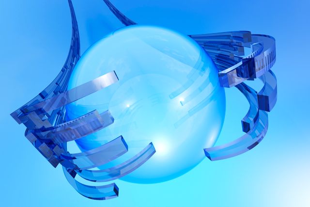 A robot hand on a transparent ball: copyright www.istockphoto.com 000017360533