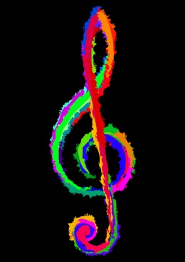 a rainbow-coloured treble clef