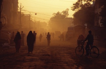 An Indian street at dusk