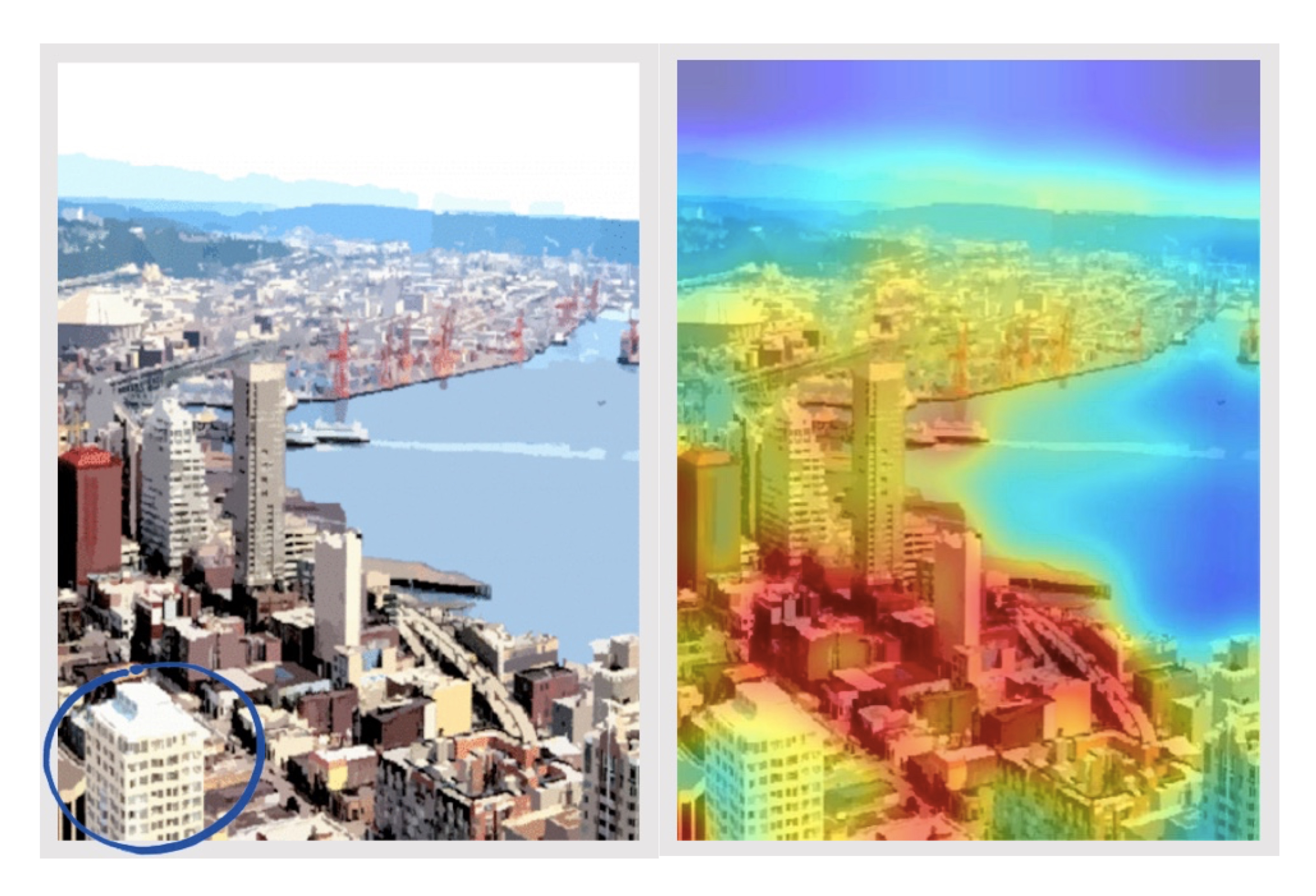 Spot the difference answer and saliency map for harbour image