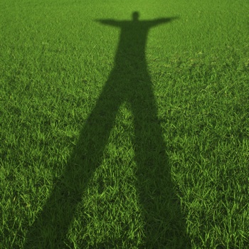 A shadow cast on grass by a person jumping
