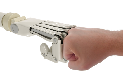 a robot fist bumping a human