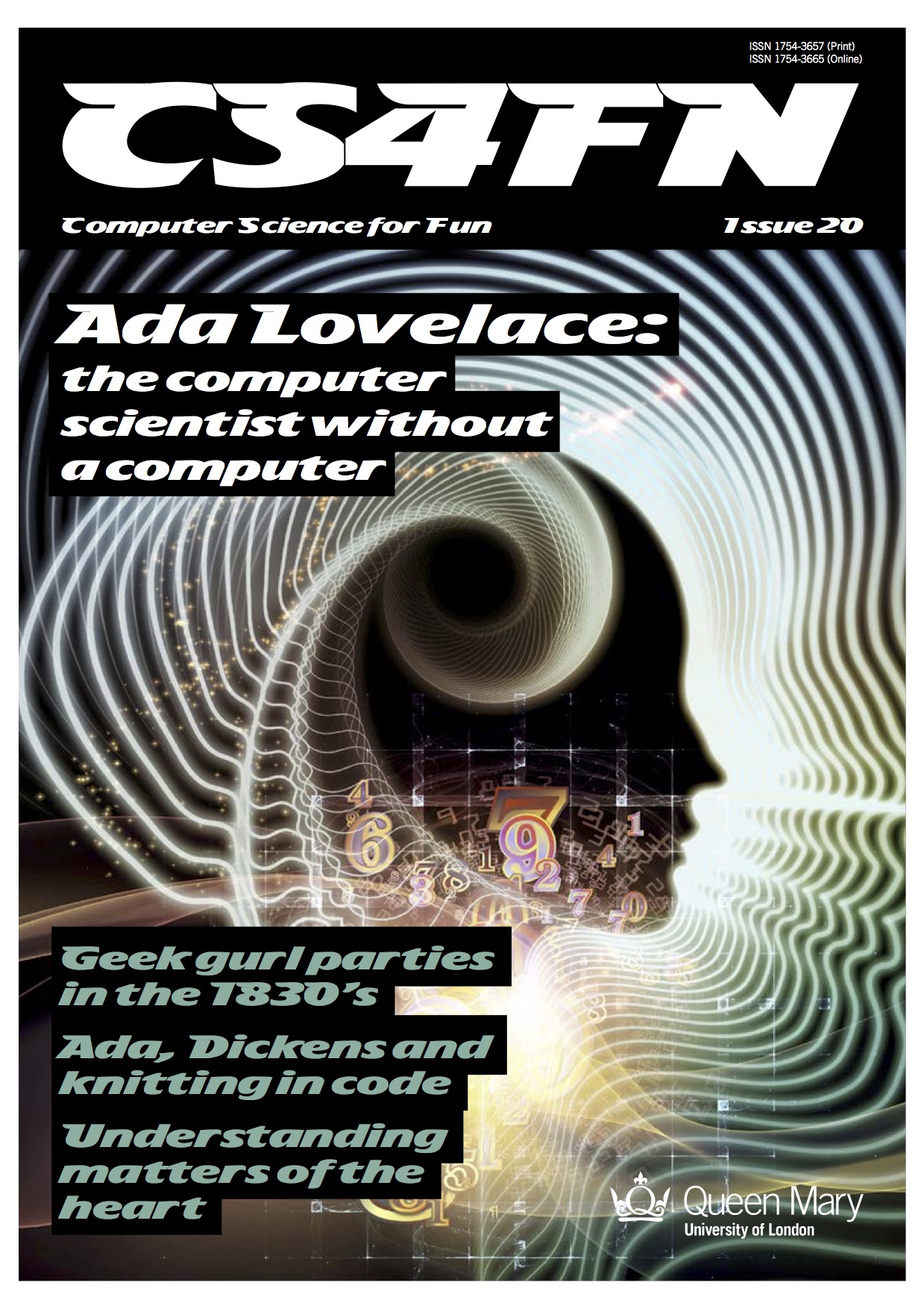 Front cover of issue 20 on Ada Lovelace: Silhouette of female head with pattern swirling from it