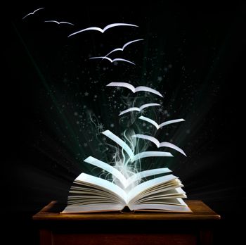 Magic books with characters flying away