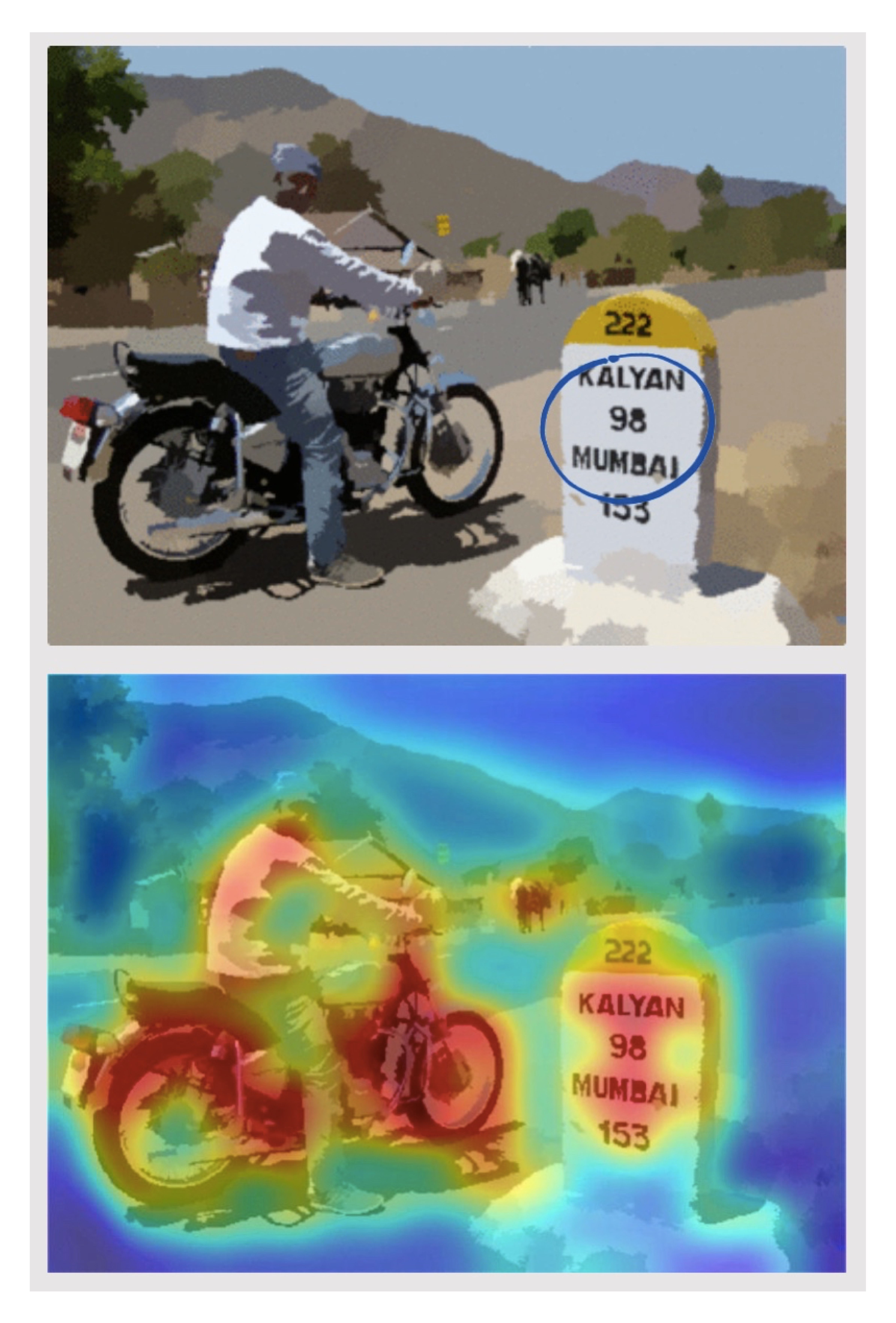 Spot the difference answer and saliency map for motorbike image